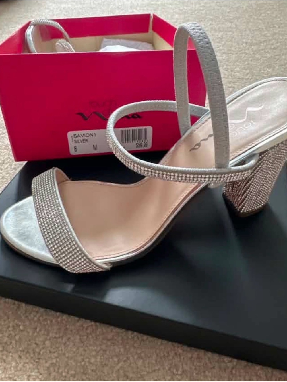 Nina Silver Crystal-Embellished Block Heel